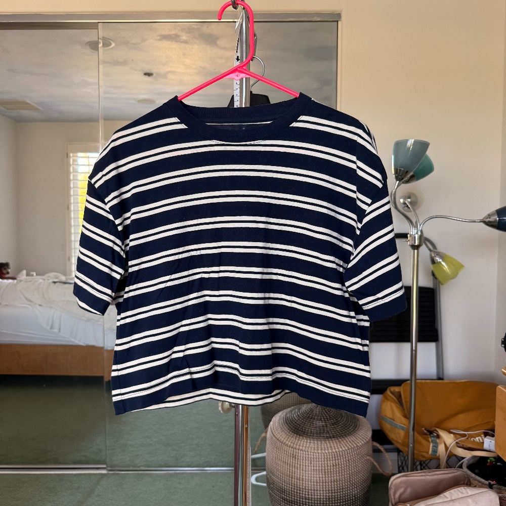 Everlane Navy Blue and White Striped Crop Top